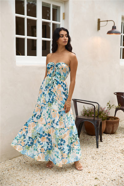 Rainforest Oasis Strapless Maxi Dress Blue