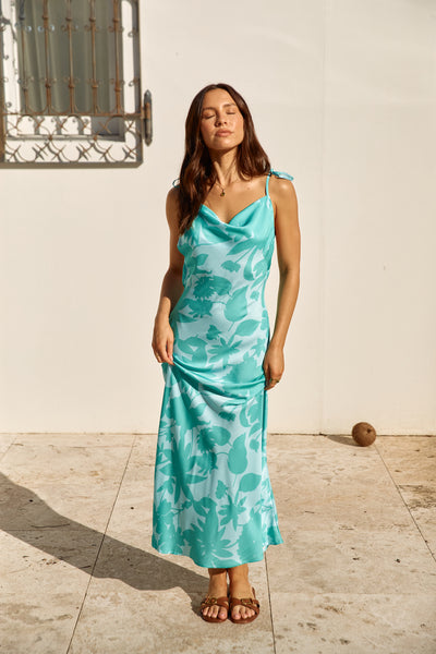 Sweet Autumn Leaves Satin Halter Maxi Dress Sage