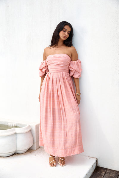 High Tea Off Shoulder Maxi Dress Pink