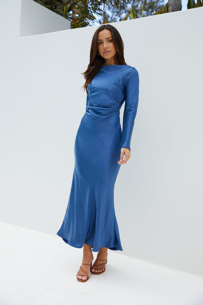 The Forget Me Not Satin Midi Dress Navy