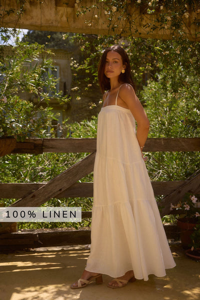 Liliana 100% Linen Maxi Dress White