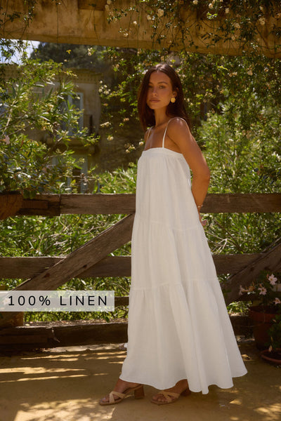 Liliana 100% Linen Maxi Dress White