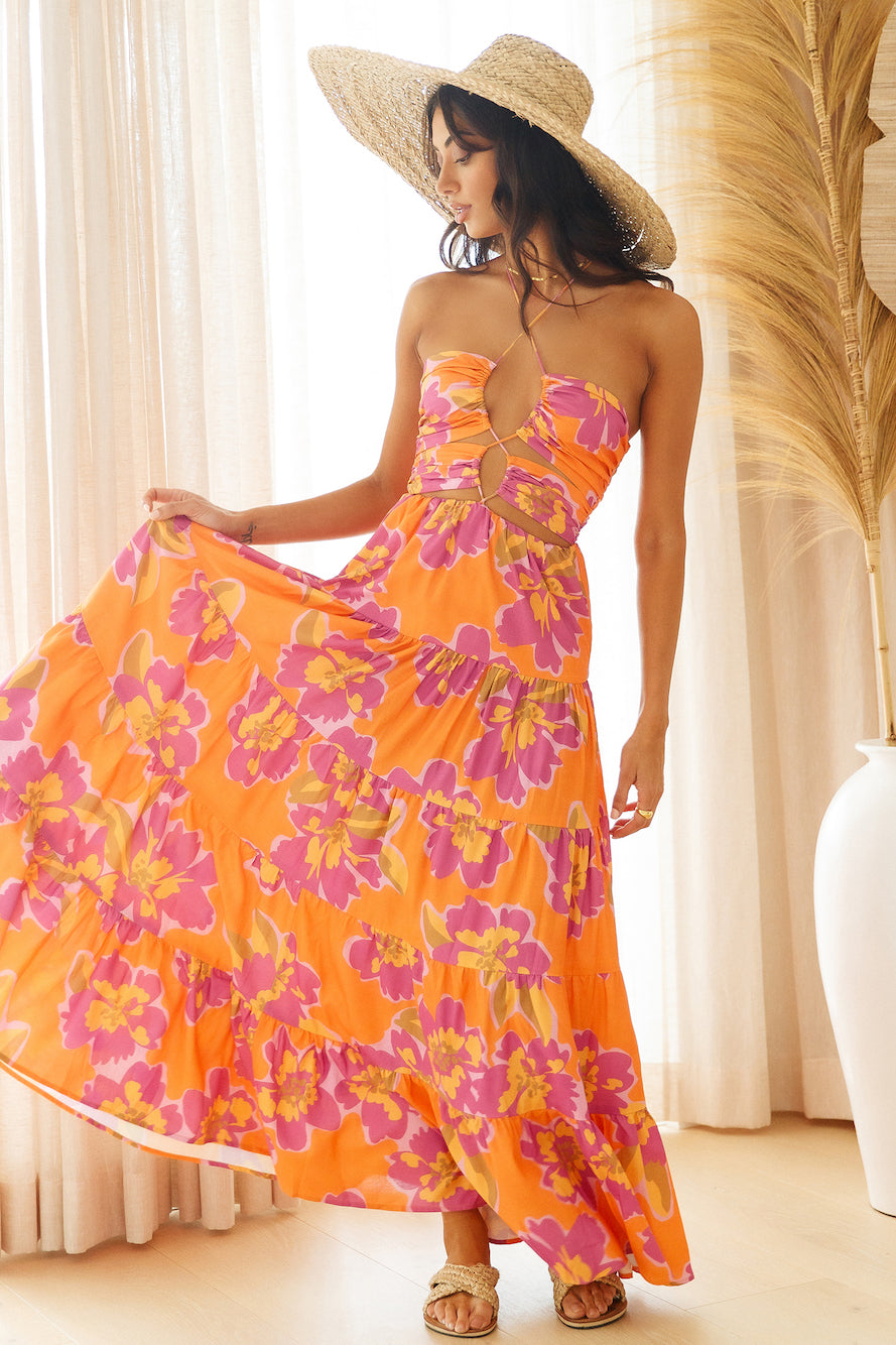 RUNAWAY THE LABEL Orchid Maxi Dress Orange Floral | Fortunate One